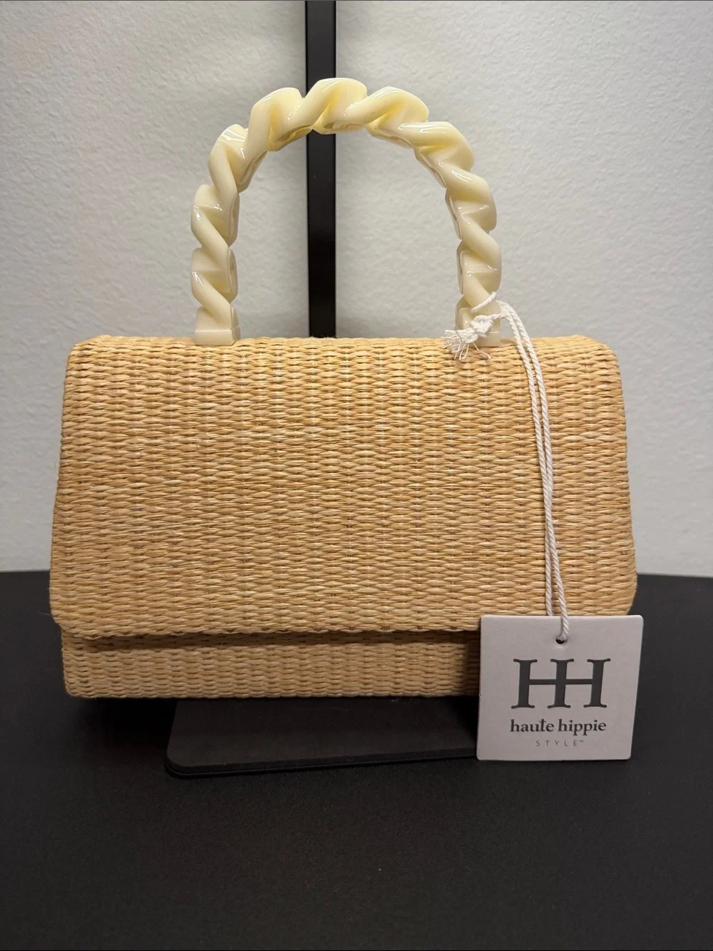 Haute Hippie | Natural Woven Satchel w/ Ivory Twist Handle & Crossbody Chain